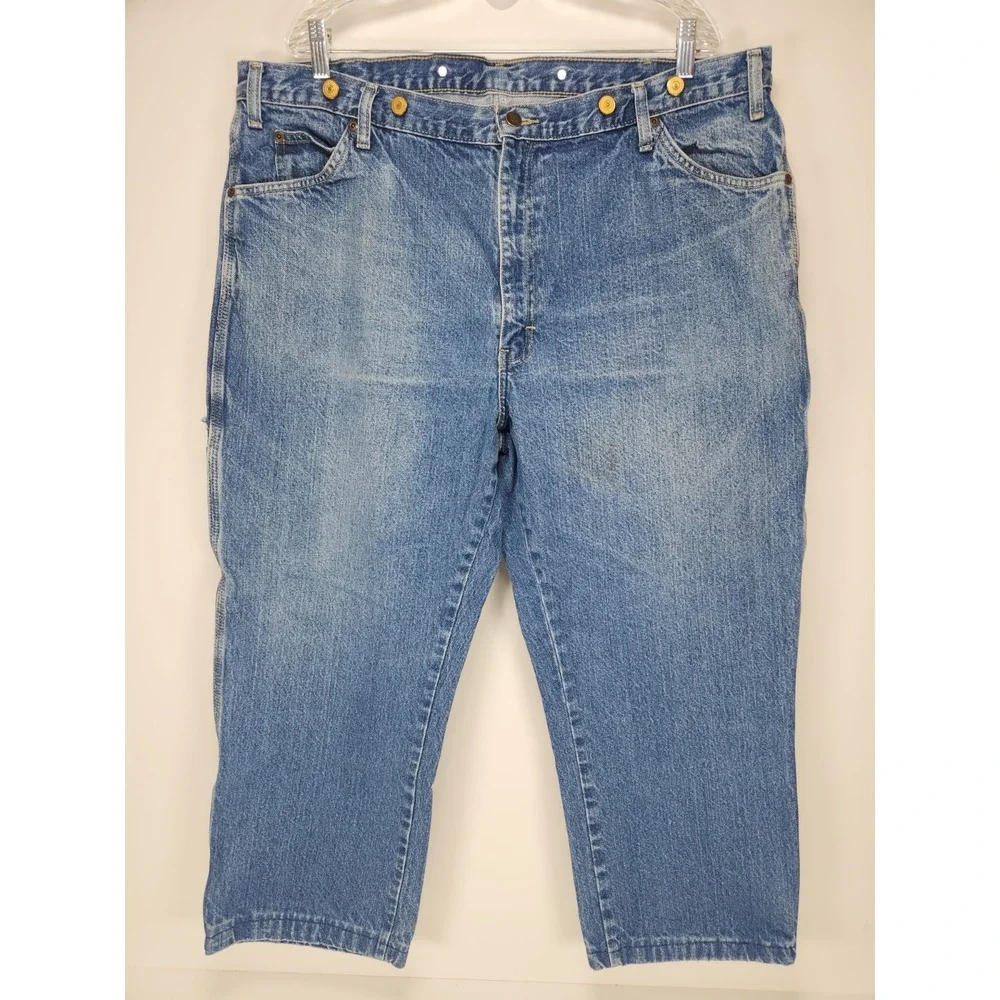 Dickies Suspender Carpenter Jeans 42x27 Denim Work Utility‎ Pants Blue *Hemmed*